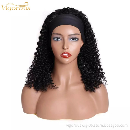 Wholesale Black 20 Inch Body Wave Cheap Women's Raw Brazillian Real Human Hair Half Wigs With Ice Silk Headband Clipin Curly